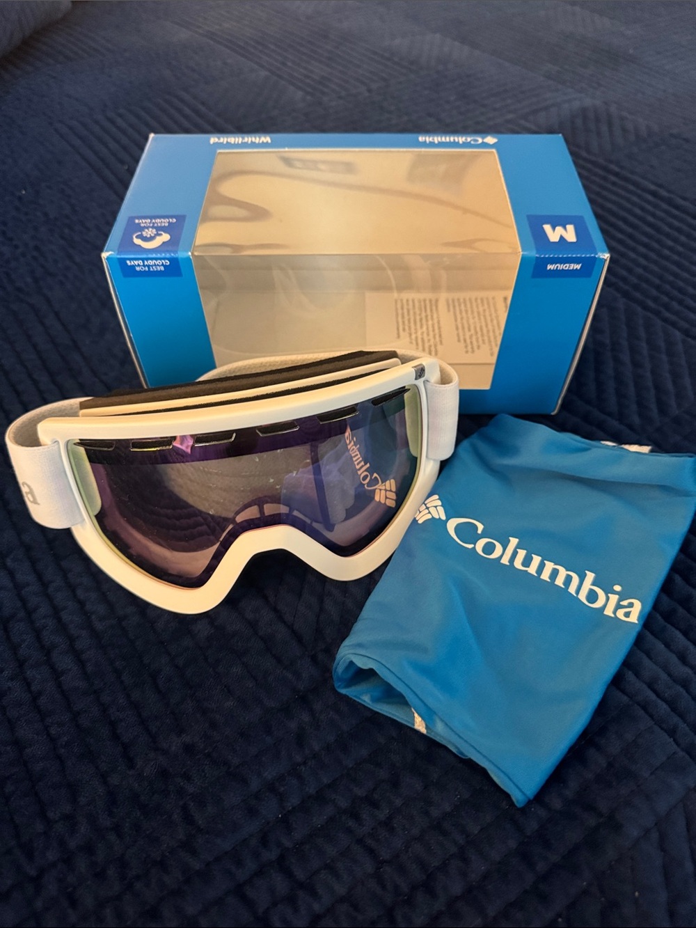 Columbia White Ski Goggles with Purple-Tinted Lens and Blue Microfiber Bag